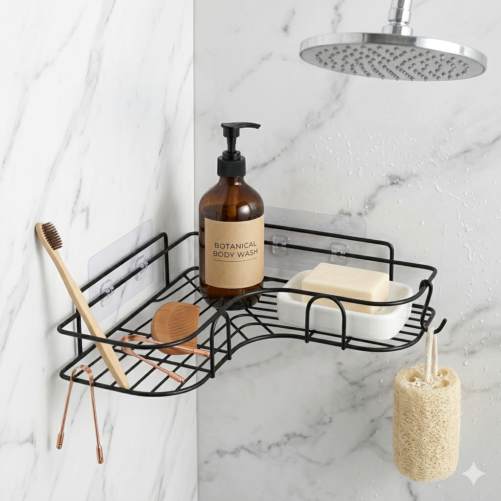 Organizador esquinero VoltaKit con dispenser, jabón y accesorios de baño